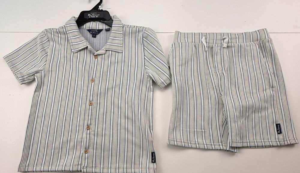 NWT Ben Sherman Boys 2 Piece Set Striped Button Up Shirt Shorts Outfit Gray Blue